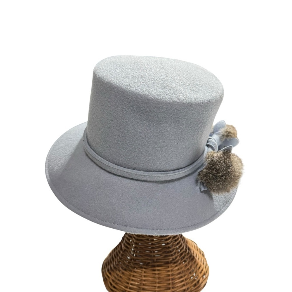 Betmar New York Gray Wool Hat with Faux Fur Pom Accents – Wide Brim Cloche - Picture 3 of 11